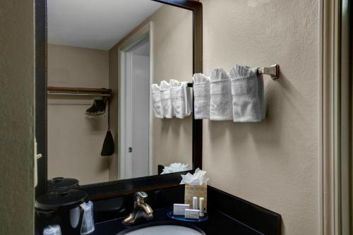 阿尔法利塔亚特兰阿法拉塔大费尔菲尔德客栈套房酒店的浴室配有盥洗盆、镜子和毛巾