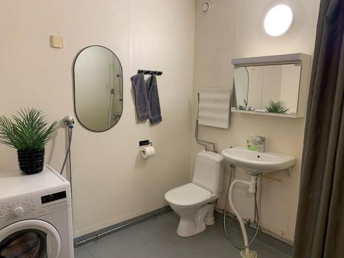 奥卢Tilava 2BR-huoneisto Saunalla的一间带卫生间、水槽和镜子的浴室
