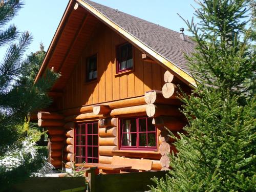 EmsetalCozy wooden house in Waltershausen near the forest的小木屋设有红色窗户和树木