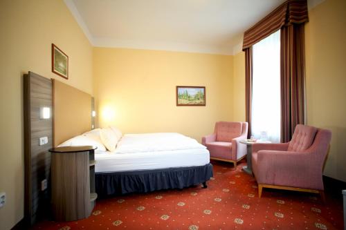 玛丽亚温泉帕里斯酒店的酒店客房,配有一张床和两把椅子