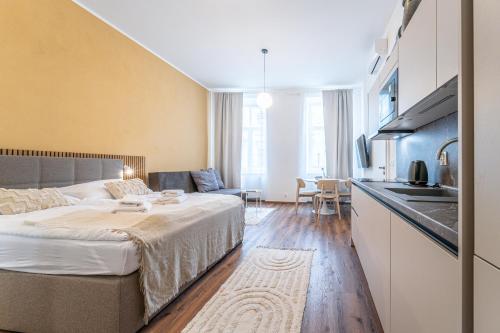 布尔诺Design Apartments Lužánky的酒店客房带一张床和一个厨房