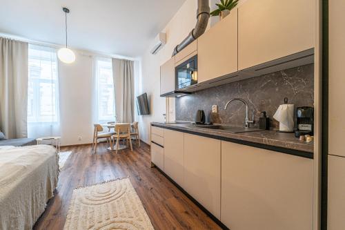 布尔诺Design Apartments Lužánky的一个带水槽的厨房和一张位于客房内的床