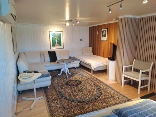 克里斯蒂安桑Apartment Tryms vei 20a - Stor Leilighet的客厅配有沙发和桌子