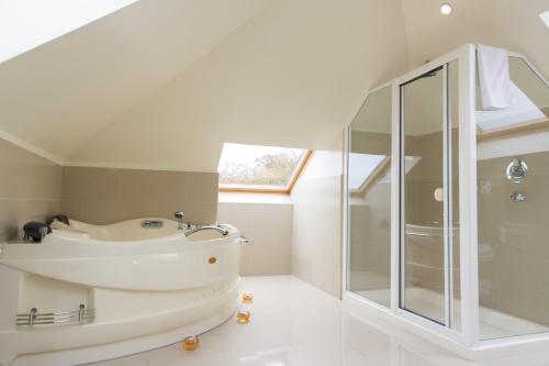卡舍尔卡什尔百利酒店的带浴缸和玻璃淋浴间的浴室。