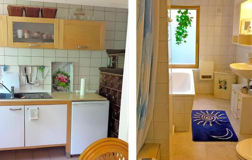 马洛1 Bedroom Lovely Home In Mahlow的带柜台和水槽的厨房的两张照片