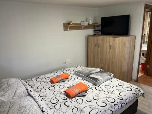 ŽirovnicaApartments Malivojevič的一间卧室配有一张带两个橙色枕头的床