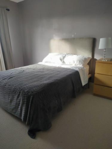 尼亚加拉瀑布Double bed Suite - Very close to the Falls, Casinos and Marineland的一间卧室配有一张带黑色毯子的床和梳妆台。