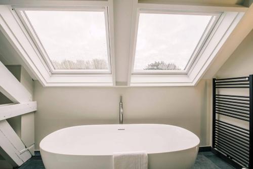 蒂尔堡New Luxe Loft Willem 2 Stadsvilla Tilburg的带浴缸的浴室和2个窗户