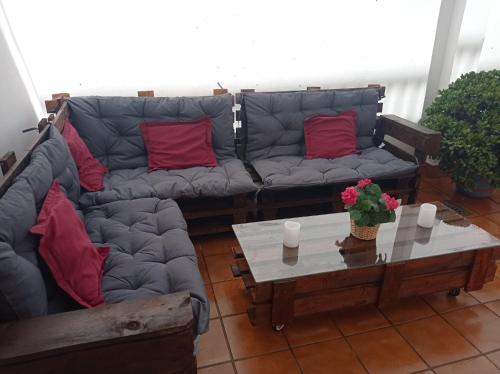 Villanueva de San JuanApartamento completo en Sierra Sur的客厅配有沙发和带红色枕头的桌子