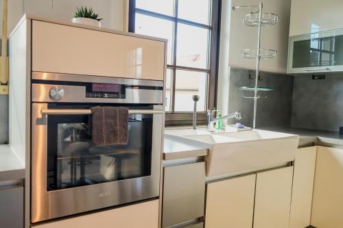 耶拿2-Raum App mit Terrasse Jena Zöllnitz的厨房配有不锈钢烤箱和水槽