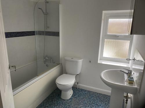 莱肯希思Charming 3 bedroom flint cottage的浴室配有卫生间、浴缸和水槽。