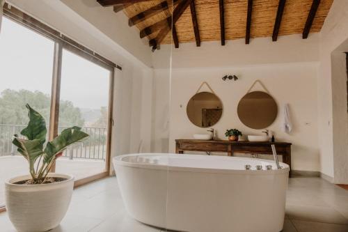 萨奇卡Pietra Hotel的一间带大浴缸和植物的浴室