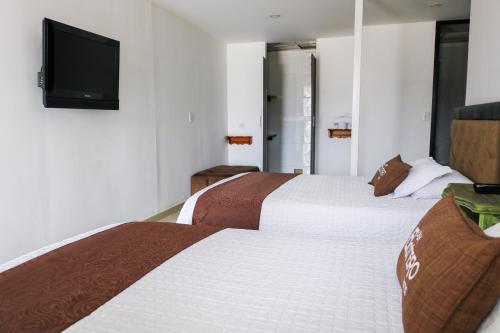 波哥大Hotel Casa Botero 302的酒店客房设有两张床和一台平面电视。