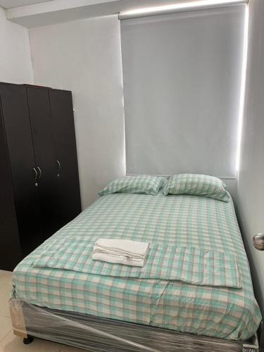 巴耶杜帕尔Lindo Apto con Aire Acond de 3 habitaciones的一间卧室配有一张带绿色和白色毯子的床