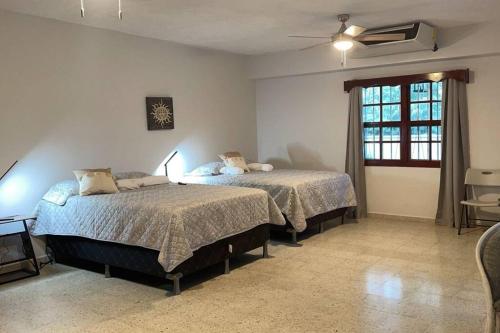 拉塞瓦Casa Luna Azul的一间卧室设有两张床和窗户。