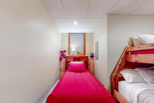 CarrabassettLoafinit的配有两张床的房间,铺着长长的红地毯
