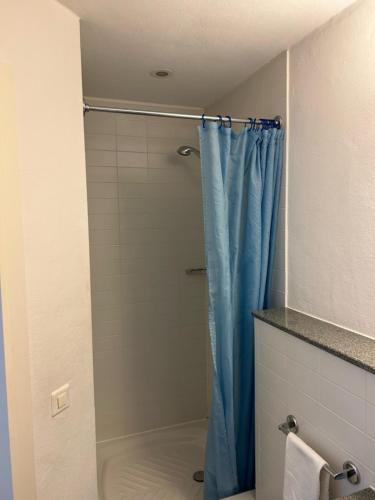 弗劳恩费尔德Hotel Domicil的一间带蓝色淋浴帘的淋浴的浴室