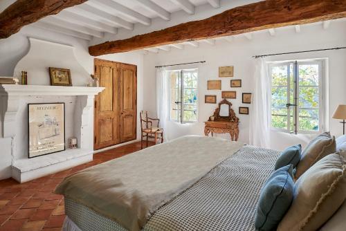 洛尔格伯尔尼别墅酒店的一间卧室配有一张床和一个壁炉
