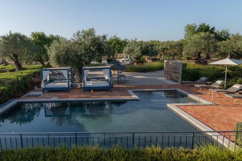 塔维拉Fazenda Nova Country House的庭院内带两张床的游泳池