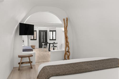 菲罗斯特法尼Mill Houses New Elegant Suites的一间卧室设有一张床和一间客厅。