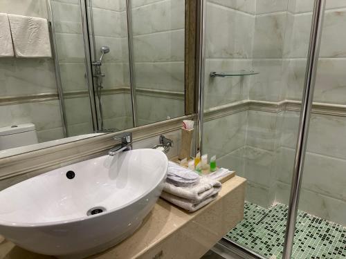 阿克托比Royal的浴室配有白色水槽和淋浴。