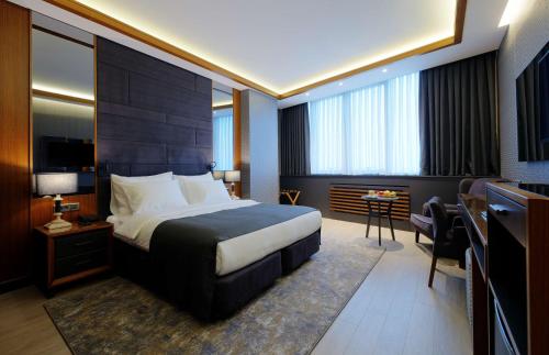 埃斯基谢希尔Nova Vista Centrum Hotel Eskisehir, a Member of Radisson Individuals的配有一张床和一张书桌的酒店客房