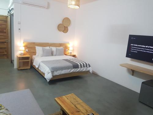 格兰贝伊Villas Rocher - Villa 3的一间卧室配有一张床和一台平面电视