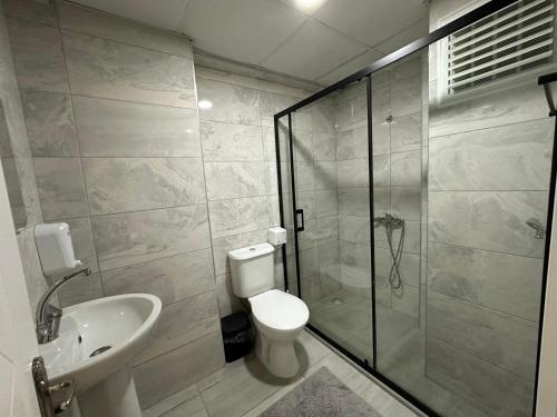 屈塔希亚Viyana Premium Pansiyon的带淋浴、卫生间和盥洗盆的浴室