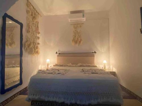 比塞大Dar Sandra Bizerte的一间卧室配有一张带两盏灯和镜子的床