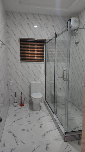 阿奴古MeTime Residence Enugu的一间带玻璃淋浴和卫生间的浴室