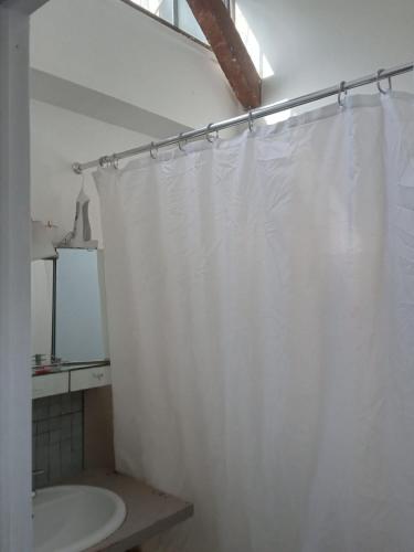 巴黎Paris, central et calme的浴室设有白色的淋浴帘和水槽