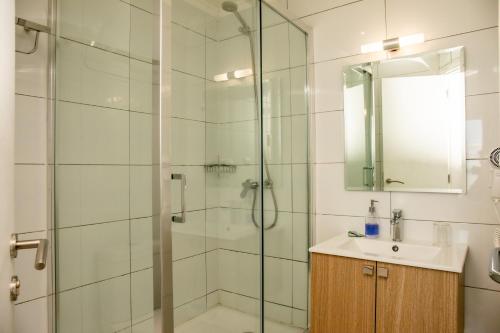 普耶韦Hotel Hosteria Entre Lagos的带淋浴和盥洗盆的浴室