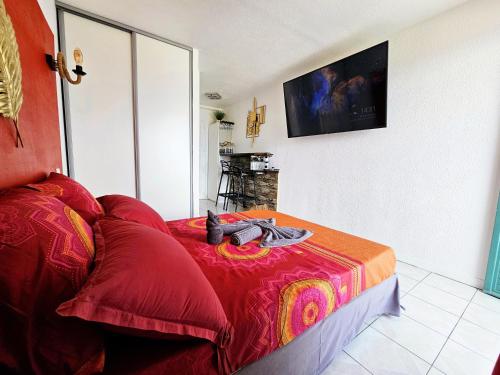 莱特鲁瓦西莱Sweet Crépuscule - Studio avec Vue Mer Imprenable & Piscine的一间卧室配有一张带红色毯子的床和一台电视。