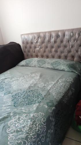 阿拉胡埃拉ALAJUELA, Prívate Room,Hermosa Madre的床上铺有绿色和白色的毯子