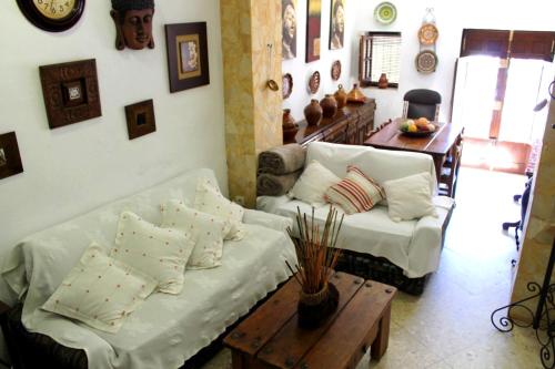 隆达Typical Andalusian house in the center of Ronda / Casa típica andaluza en el centro de Ronda.的客厅配有沙发和桌子