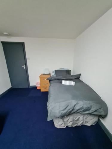 凯格沃思Room near East Midland Airport 6的一间卧室配有一张蓝色地毯的床