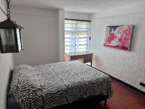 Río OroAPARTAMENTOS VERANERA的一间卧室设有斑马图案床和窗户