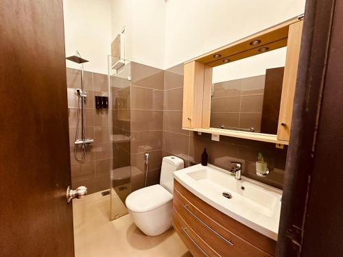 尼甘布Grand Sri Lounge - Ocean Breeze Hotel residents的一间带卫生间、水槽和镜子的浴室