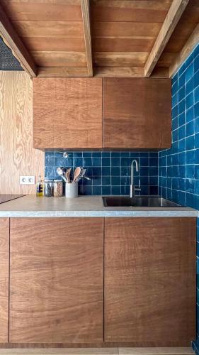 菲利普维尔Ekko tiny house的一个带木制橱柜和水槽的厨房