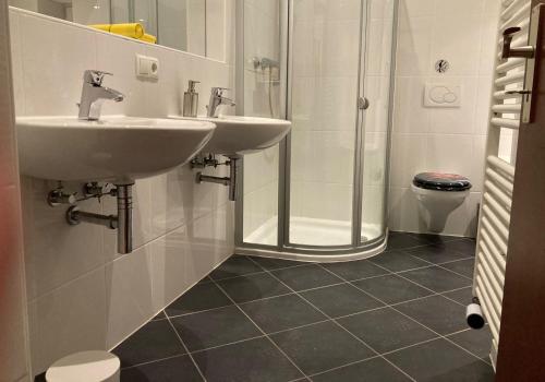萨尔布吕肯CityChalet Monteur Apartments的一间带两个盥洗盆和淋浴的浴室