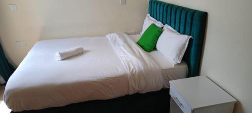 纳库鲁SuperhostHomes AirBnbs Nakuru的一张带绿色枕头和盒子的白色床