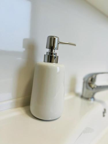 巴亚马雷Apartament zona de case-rezidențiala 2 km de Vivo Mall,curte privata的浴室水槽上的白皂液器