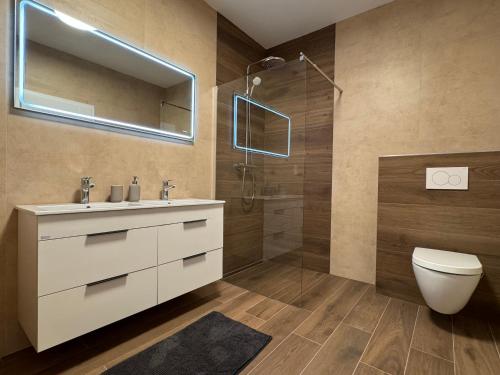 Orechová Potôň33 Apartments的浴室配有卫生间、盥洗盆和淋浴。