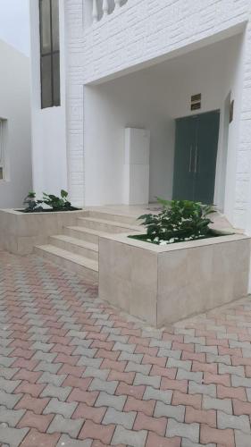 Mawāliḩالبيت الابيض的前面有楼梯和植物的建筑