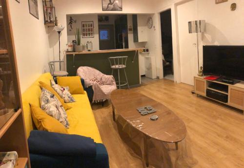 蒙塔日Maisonnette en ville的客厅配有黄色的沙发和桌子