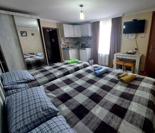 博尔若米Guesthouse Saba的酒店客房,设有两张床和镜子