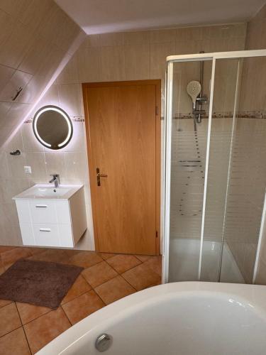 新明斯特Raum fur Ruhe im Norden的带浴缸、水槽和淋浴的浴室