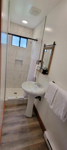 沃特顿公园克兰德尔山川旅舍的白色的浴室设有水槽和淋浴。