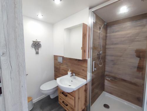 MieroszówForrest Glamp的浴室配有卫生间、盥洗盆和淋浴。