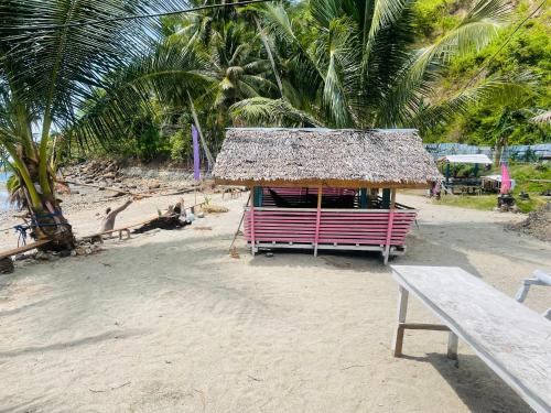 桑托斯将军城Northern Prince Beach Resort的海滩上的小屋,有长凳和棕榈树